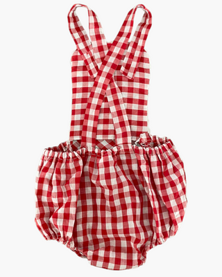 Red romper with white polka dots