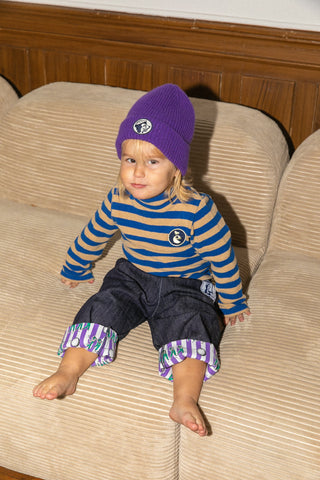 Col roulé rayé manches longues bleu et beige