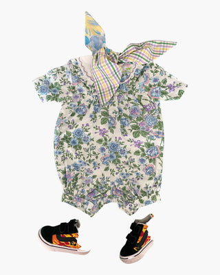 Romper with blue and purple flowers with embroidered collar - 12 months